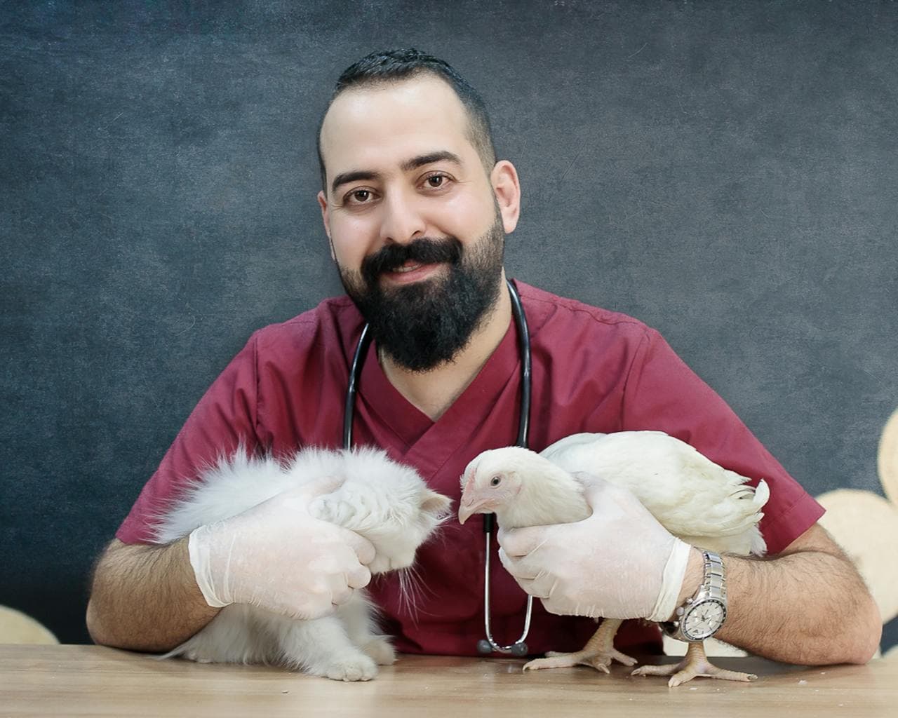 A veterinarian providing health and nutrition services, examining a cat and bird to ensure proper pet wellness care